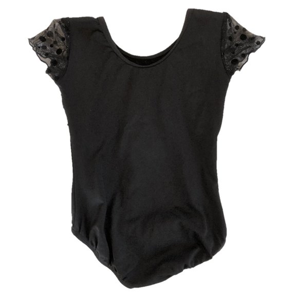 Black Leotard with Shimmery Polka Dot Mesh Ruffles and Flutter Sleeves - Picture 4 of 9